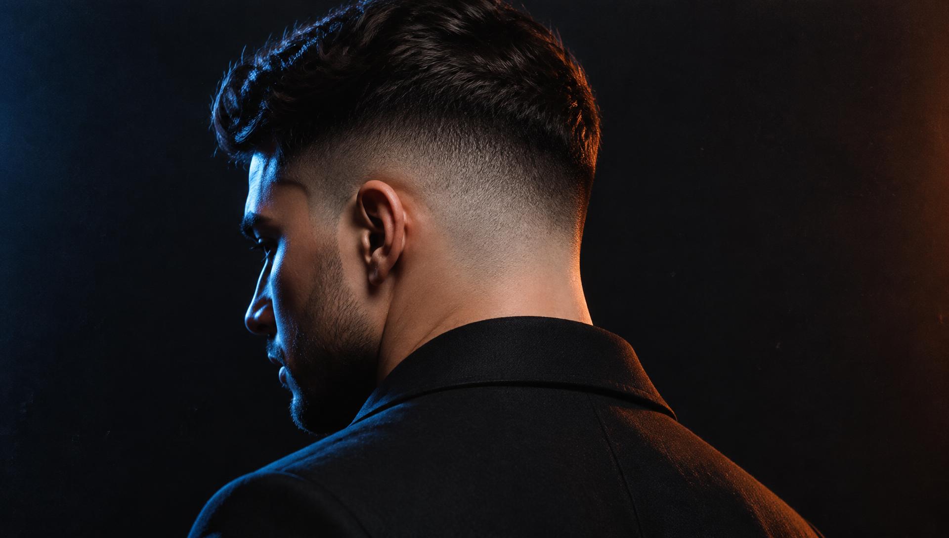 Sharp skin fade haircut under dramatic studio lighting